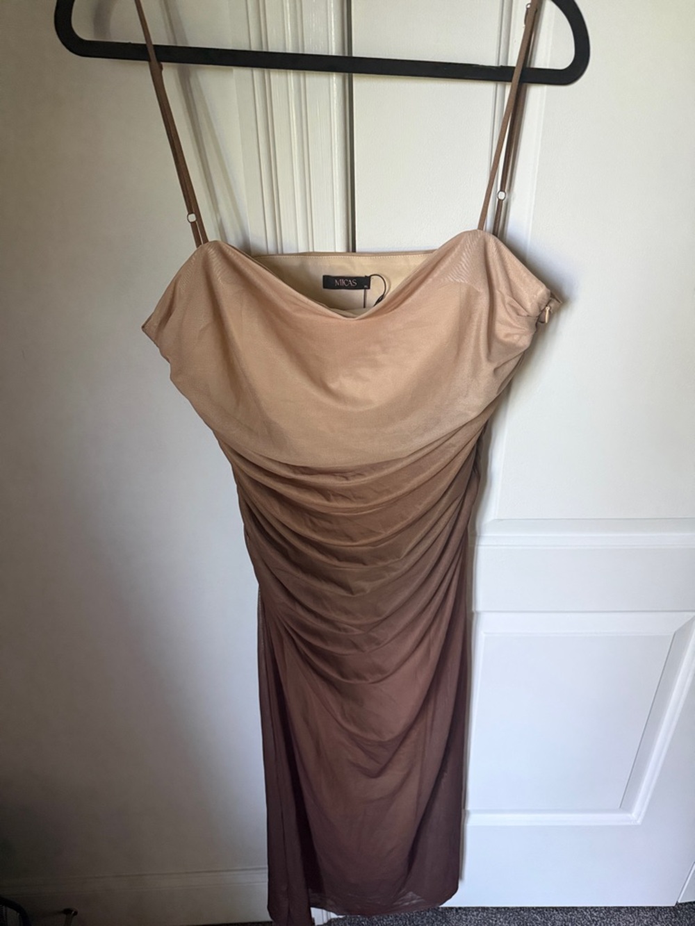 Beige to Brown Ombre Ruched Slip Dress